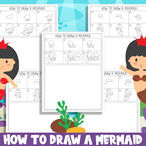 May include: A printable worksheet with instructions on how to draw a mermaid. The worksheet includes a step-by-step guide with illustrations and space for drawing.