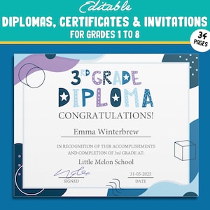 Druckbare Urkunden der 3.Klasse, bearbeitbare Zertifikate für die Klassen 1-8, Einladungsvorlagen in einem modernen Design, 34 Seiten, Sofort Download
