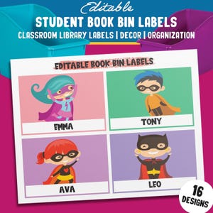 Editable Superhero Classroom Library Labels: Customize Your Literary Collection with 16 Heroic Designs for Perfect Classroom Decor.