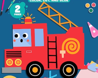 Manualidad de camión de bomberos para niños en edad preescolar: divertida actividad para colorear, cortar y pegar para niños, perfecta para proyectos de arte en el hogar o en el aula, descarga instantánea