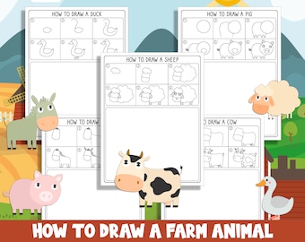 Learn How to Draw Farm Animals (Sheep, Cow, Pig, Horse, Dug), Directed Drawing Step by Step Tutorial + 5 Coloring Pages, Instant Download