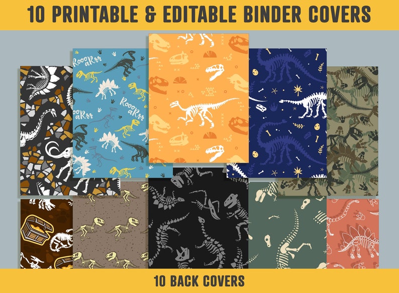 Dinosaur Skeleton Binder Cover, 10 Printable/editable Binder Covers ...
