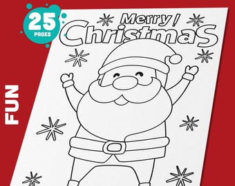 Puede incluir: Una página para colorear en blanco y negro con un Papá Noel de dibujos animados y el texto "¡Feliz Navidad!" en la parte superior. La página forma parte de un conjunto de 25 páginas para colorear.