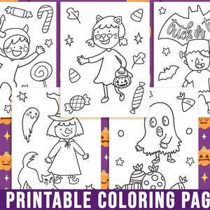 May include: A set of 25 printable coloring pages featuring Halloween characters and themes. The pages include a witch, a ghost, a cat, a devil, a Frankenstein, and a ghost. The pages are black and white and ready to be colored.