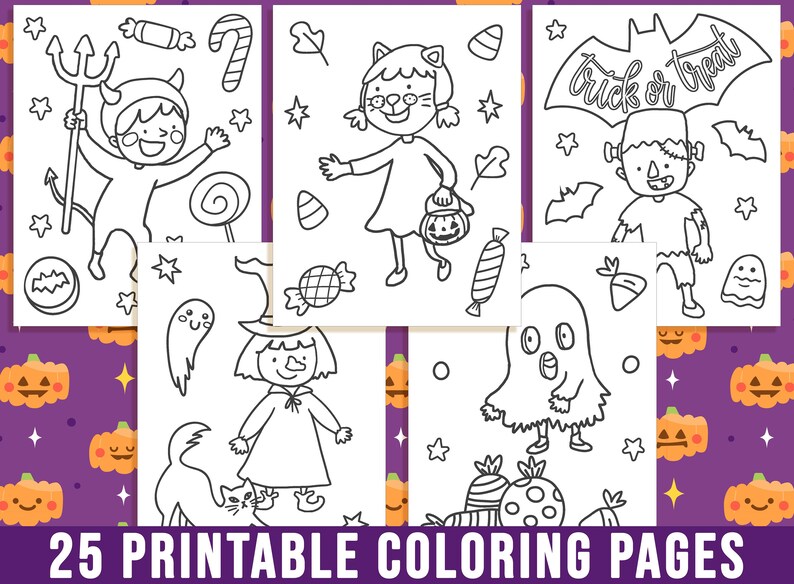 May include: A set of 25 printable coloring pages featuring Halloween characters and themes. The pages include a witch, a ghost, a cat, a devil, a Frankenstein, and a ghost. The pages are black and white and ready to be colored.