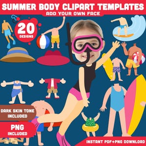 Summer Body Clipart Templates: Add Your Photo Face, Printable Tropical Beach-Themed Cutouts for Kids, Light + Dark Skin Tone, PDF + PNG
