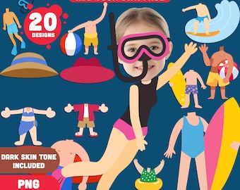 Plantillas de imágenes prediseñadas de cuerpos veraniegos: agrega tu foto, recortes imprimibles con temática de playa tropical para niños, tonos de piel claros y oscuros, PDF + PNG