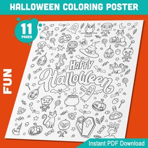 K&ouml;nnte beinhalten: Ein wei&szlig;es Halloween-Malposter mit schwarzen Strichzeichnungen von K&uuml;rbissen, Katzen, Flederm&auml;usen und anderen gruseligen Elementen. Der Text "HAPPY Halloween" ist prominent dargestellt. Das Poster umfasst 11 Seiten und ist mit "FUN" beschriftet.
