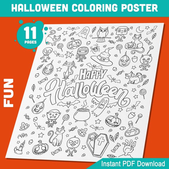 Giant 3-Size Printable Halloween Coloring Poster+5 Fun Coloring Pages+3 Placemats for Kids, Perfect for Halloween Parties, Instant Download