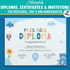 Vorschuldiplom Vorlage, Vorschul-, Kindergarten-Diplome, Zertifikate & Einladungen - 37 anpassbare PDF-Seiten, Sofort-Download