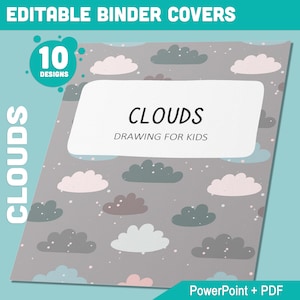 Op de afbeelding: Een omslagontwerp voor een ordner met een grijze achtergrond en wolkenillustraties in wit, roze en grijs. De omslag heeft de tekst "CLOUDS DRAWING FOR KIDS" en "10 DESIGNS". De woorden "EDITABLE BINDER COVERS" staan bovenaan.