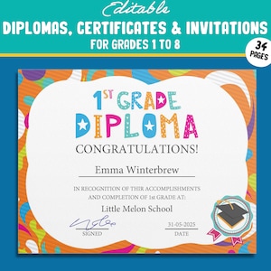 34 bearbeitbare Zertifikate, Diplome und Einladungsvorlagen für die 1. bis 8. Klasse, orange-themed, PDF Instant Download