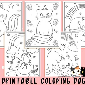 May include: A collection of 21 printable coloring pages featuring whimsical unicorn cats. Each page showcases a different scene with the cats, rainbows, cupcakes, and stars. The text "21 PRINTABLE COLORING PAGES" is displayed at the bottom.