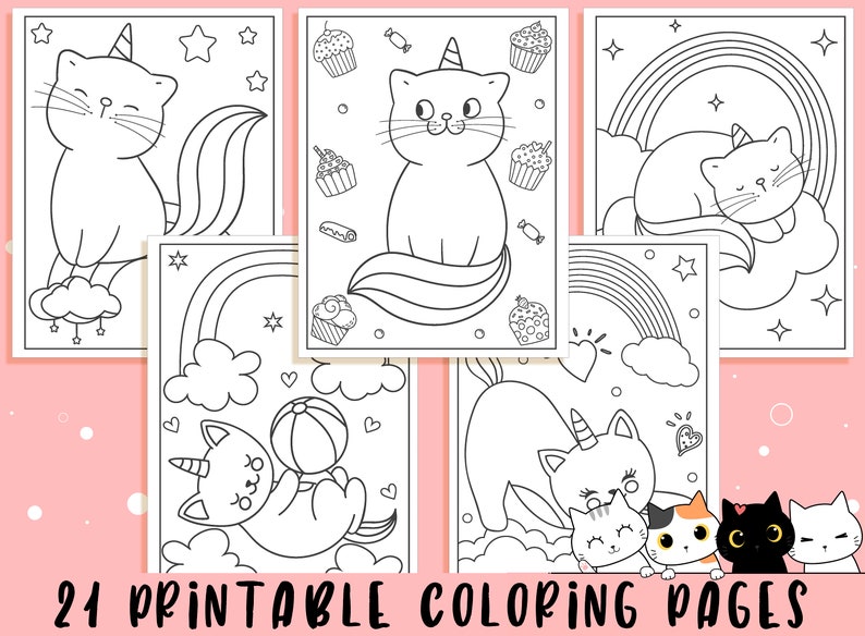 May include: A collection of 21 printable coloring pages featuring whimsical unicorn cats. Each page showcases a different scene with the cats, rainbows, cupcakes, and stars. The text "21 PRINTABLE COLORING PAGES" is displayed at the bottom.