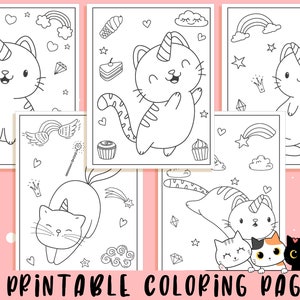 May include: A collection of 21 printable coloring pages featuring whimsical unicorn cats. Each page showcases a different pose or scene with the cat, along with other elements like rainbows, stars, and desserts. The pages are outlined in black on a white background.