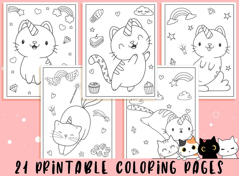May include: A collection of 21 printable coloring pages featuring whimsical unicorn cats. Each page showcases a different pose or scene with the cat, along with other elements like rainbows, stars, and desserts. The pages are outlined in black on a white background.