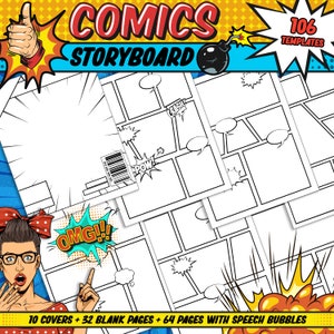 Comic Storyboard: 106 Vorlagen, 10 Cover, 32 leere Seiten, 64 Seiten mit Sprechblasen, PDF Instant Download