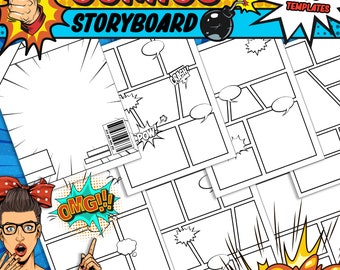 Guión gráfico de cómic: 106 plantillas, 10 portadas, 32 páginas en blanco, 64 páginas con bocadillos, descarga instantánea en PDF