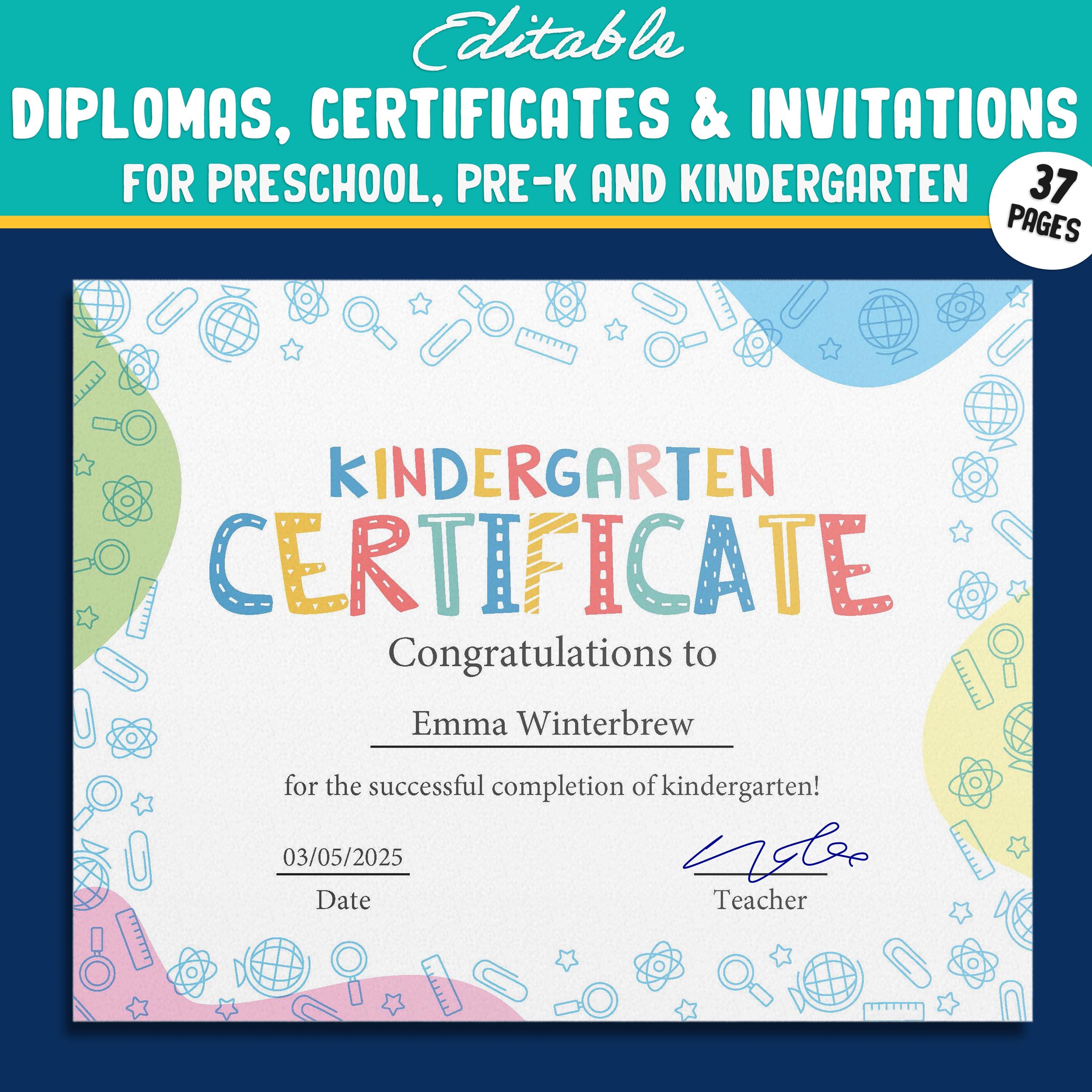 Kindergarten Certificates Completion Diploma and Invitations, Editable ...