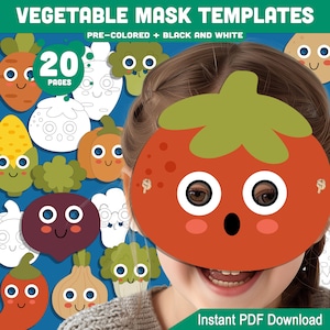 Könnte beinhalten: Ein Set mit 20 druckbaren Gemüsemaskenvorlagen. Die Masken sind vorgefärbt und in Schwarzweiß. Das Bild zeigt ein Kind, das eine rote Tomatenmaske trägt. Der Text "VEGETABLE MASK TEMPLATES" und "PRE-COLORED + BLACK AND WHITE" befindet sich oben im Bild. Der Text "20 PAGES" befindet sich in einem Kreis in der oberen linken Ecke des Bildes. Der Text "Instant PDF Download" befindet sich unten im Bild.