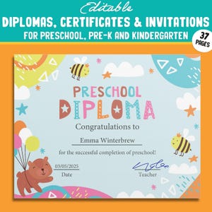 37 Seiten mit bearbeitbaren Diplom-, Zertifikats- und Einladungsvorlagen für Vorschule und Kindergarten, PDF-Datei, Sofort-Download