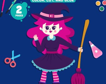 Printable Halloween Witch Craft Templates, Fun October Fall Color, Cut & Glue Activity, Perfect for Parents, Teachers, Instant PDF Download.