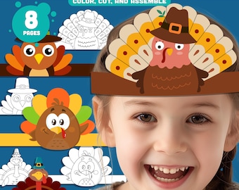Cerchietto stampabile a forma di tacchino per il Ringraziamento, corona di carta autunnale e cappello da colorare, da tagliare, colorare e indossare, 4 modelli, precolorati + bianco e nero