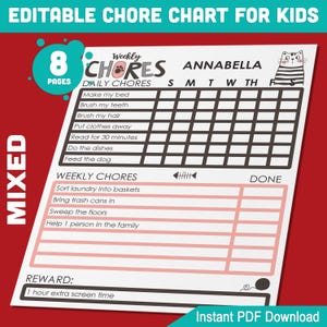 May include: Printable chore chart for kids featuring a cat illustration. The chart includes daily and weekly chores, a reward section, and a space for a child's name. The chart is designed for 8 pages.