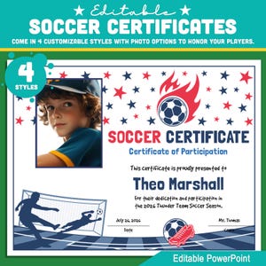 Könnte beinhalten: Fußballzertifikat mit dem Text "SOCCER CERTIFICATES" und "Certificate of Participation". Das Zertifikat enthält ein Foto eines jungen Jungen, Fußballgrafiken und Platz für Personalisierung. Das Zertifikat ist für Theo Marshall.