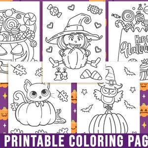 May include: A set of 25 printable Halloween coloring pages featuring various characters and objects, including a witch, an owl, a cat, pumpkins, candy, and bats. The pages are black and white and ready to be colored.