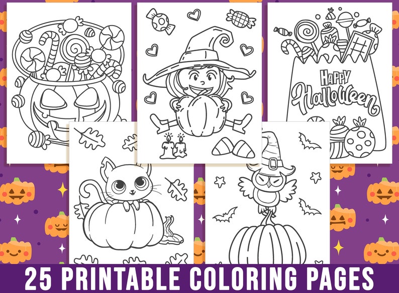 May include: A set of 25 printable Halloween coloring pages featuring various characters and objects, including a witch, an owl, a cat, pumpkins, candy, and bats. The pages are black and white and ready to be colored.