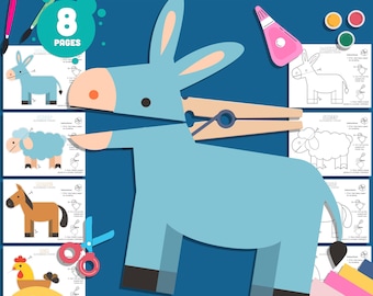 Marionetas de pinzas de ropa de animales de granja para niños: 8 páginas, 4 diseños únicos en versiones precoloreadas y en blanco y negro para un juego dramático divertido.