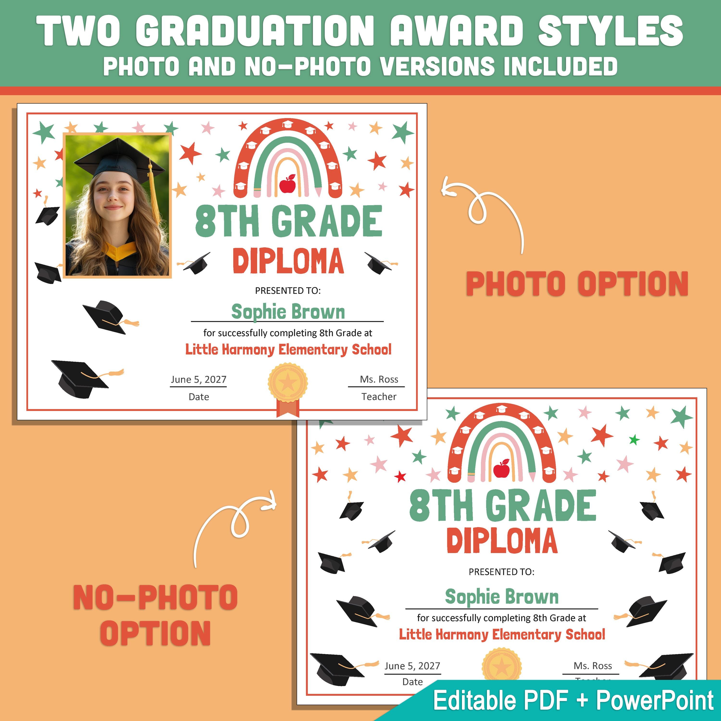 Editable 8th Grade Graduation Diploma & Certificate Set, Retro Rainbow ...