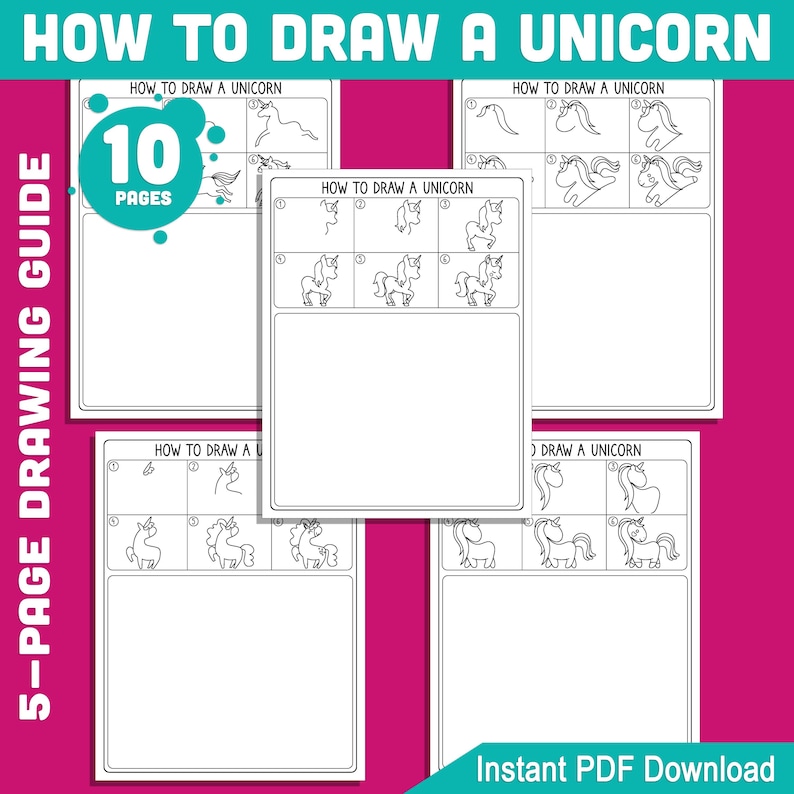 Learn How to Draw a Unicorn for Kids 5page Stepbystep Directed