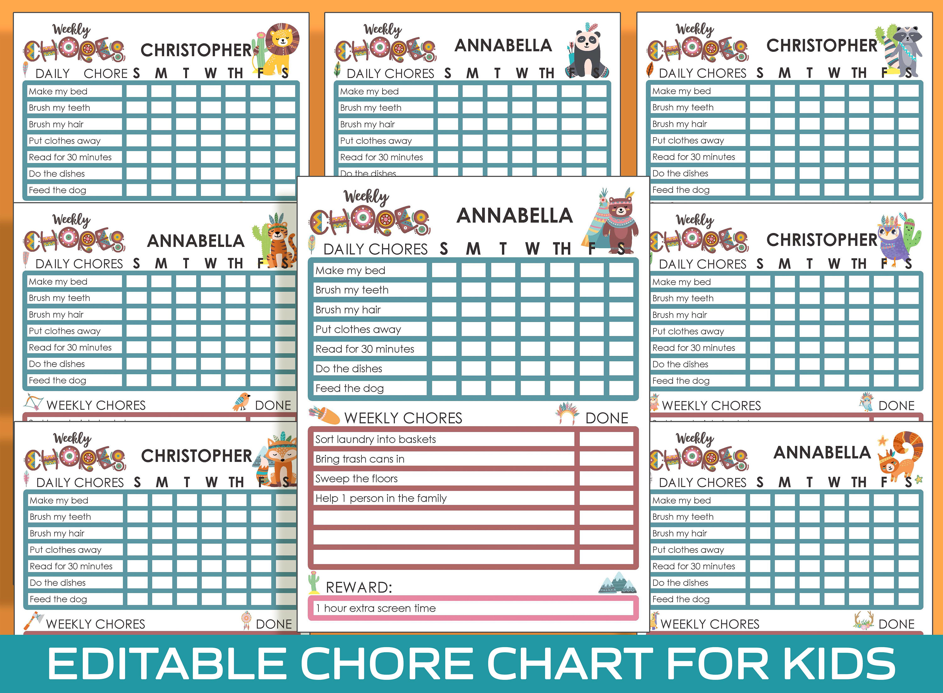 Tribal Animal Chore Chart for Kids: Printable and Editable ...