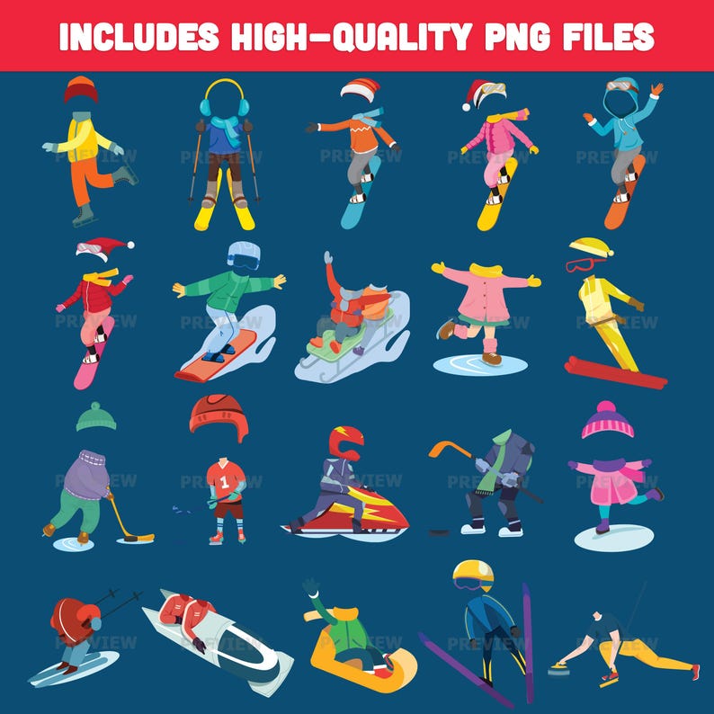 Winter Sports Body Clipart, Add Your Face, Printable Winter Templates ...