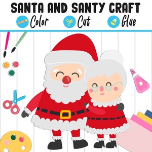 May include: Santa and his helper, a woman with a white beard, are ready for Christmas. This craft activity includes instructions to color, cut, and glue the characters together.