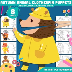 Può includere: Un download digitale con marionette a molletta a tema animali autunnali. L'immagine mostra un pupazzo di riccio con impermeabile e cappello gialli. Il testo recita "AUTUMN ANIMAL CLOTHESPIN PUPPETS" e "PRE-COLORED + BLACK AND WHITE".
