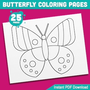 Butterfly Coloring Pages: 25 Simple Designs for Kindergarten & Preschool – Fun Activity Book for Kids, Instant PDF Download