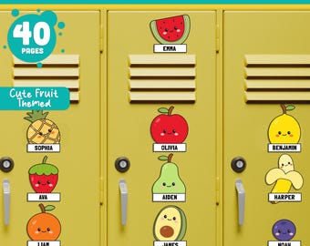 May include: Yellow lockers with fruit-themed name tags. The tags feature cute illustrations of a watermelon, apple, pineapple, strawberry, orange, pear, avocado, banana, lemon, and blueberry. Each tag has a name on it. The text "Editable Locker Labels" is at the top.