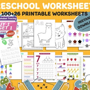Preschool Worksheets 100+26 Printable Worksheets, Kids Activities, Preschool Learning, Alphabet, Tracing, Numbers, Shapes, Toddler Workbook.