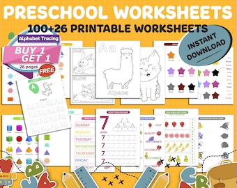 Preschool Worksheets 100+26 Printable Worksheets, Kids Activities, Preschool Learning, Alphabet, Tracing, Numbers, Shapes, Toddler Workbook.