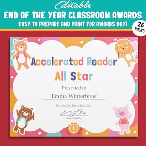 Premios de clase de fin de año creativos y editables para estudiantes, 26 páginas, PDF, descarga instantánea: perfectos para los logros de los estudiantes y el aula.