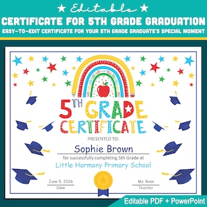 Plantilla de certificado editable de quinto grado: PDF y PowerPoint personalizables en tamaño de letra para graduación, premios de reconocimiento y logros especiales