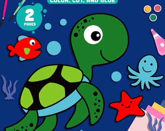 Sea Turtle and Ocean Friends Craft, Pre-Colored and Black & White Cut and Paste Activity with Turtle, Octopus, Starfish, Fish – PDF Download