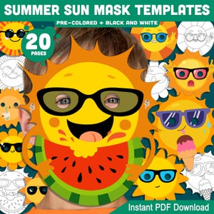 Printable Summer Sun Mask Templates: 20 Fun DIY Craft Pages for Kids, Pre-Colored + Black & White, Great for Costumes, Parties and Classroom