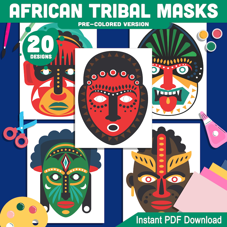 African Tribal Masks Printable: 20-page DIY Craft With 10 Designs to ...