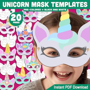Printable Unicorn Mask Templates: Fun DIY Face Masks for Kids Birthdays, Pre-Colored + Black & White, Perfect for Costumes, Parties and Play