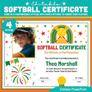 Certificati di softball modificabili - 4 stili e opzioni fotografiche per premi di squadra, campionati giovanili, fine stagione, PowerPoint 8,5x11, download immediato