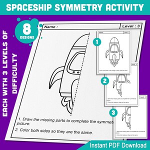May include: A black and white printable worksheet with a spaceship divided in half by a dotted line. The worksheet includes instructions to draw the missing parts to complete the symmetrical picture and to color both sides so they are the same. The worksheet is labeled "Level: 3" and is part of a set of 8 designs.